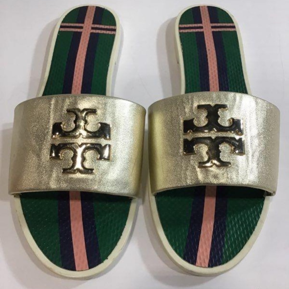 Women’s Tory Burch Metallic Gold Slide Flat Sandals Size 8M